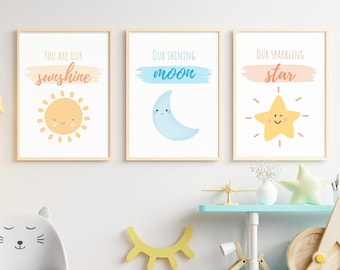You Are My Sunshine 3 Piece Wall Art, Sun Moon Star Printable Nursery Decor, Sweet Above Bed Art, Baby Girl Boy Room Decal, Cute Gift Print