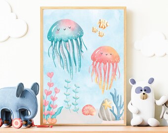 Colourful Jellyfish Above Bed Art, Large Watercolor First Birthday Gift Boy, Pastel Blue Aquarium Bedroom Wall Decor, Baby Shower Girl Gift