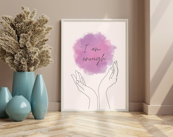 Purple Minimalist Line Art Print, Self Love Watercolour, Positive Affirmation Birthday Gift Her, Inspirational Preppy Room Above Bed Wall