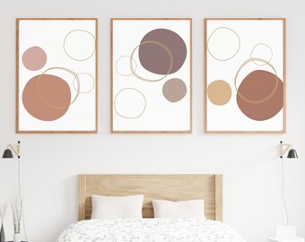 Neutral Brown Boho 3 Piece Wall Art, Large Bedroom Minimalistic Above Bed Decor, Birthday Gift Her, Living Room Earth Tone Wall Decal Modern