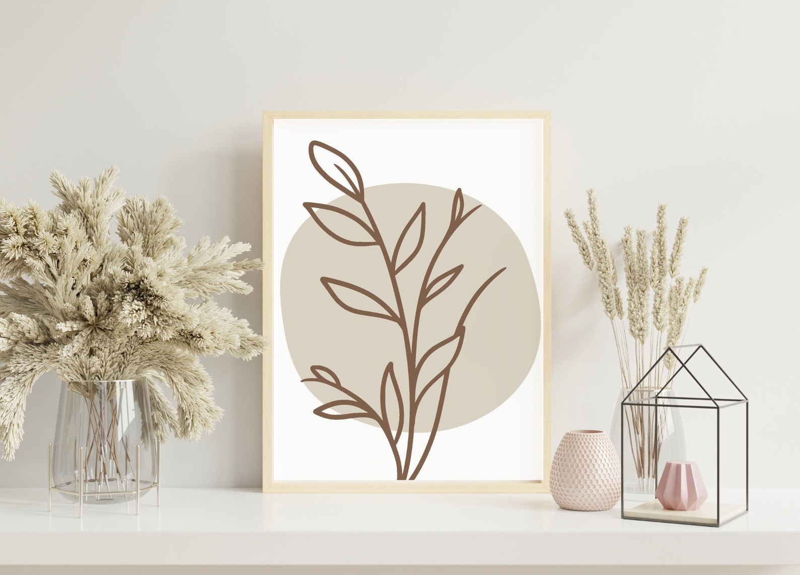 Botanical Beige 3 Piece Wall Art, Modern Boho Above Bed Line Art Print ...
