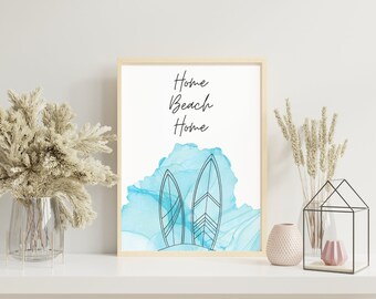 Surfboard Beach House Wall Art Sign Print, Surf Line Art Inspired Housewarming Gift, Ocean Watercolour Decor, Home Sea Blue Water Printable