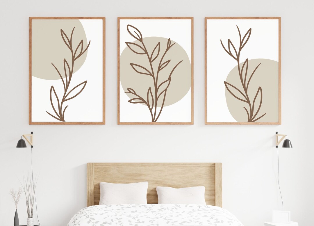 Botanical Beige 3 Piece Wall Art, Modern Boho Above Bed Line Art Print ...