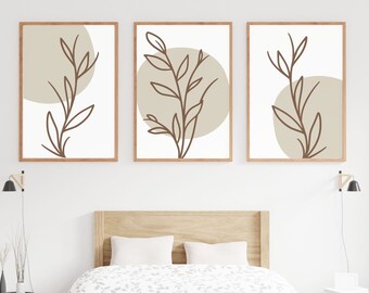 Botanical Beige 3 Piece Wall Art, Modern Boho Above Bed Line Art Print, Minimalist Bedroom Large Wall Decor, Earth Tone Gallery Gift Set