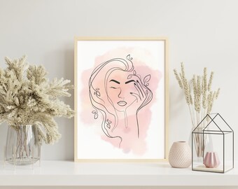 Female Wall Line Art Watercolour Minimalist Woman Print Dusty Pink Bedroom Minimalist Art Printable Living Room Art Decor Watercolor