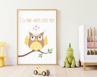 Adorable Nursery Owl Wall Art, Animal Bedroom Decor Digital Download, All You Need is Love, Gender Neutral Baby Shower Gift, Above Bed Art