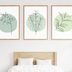 Botanical Sage Green Wall Line Art Print Set, Floral 3 Piece Wall Decor, Above Bed Boho Green Gallery Wall Art, Plant Lover Pastel Printable