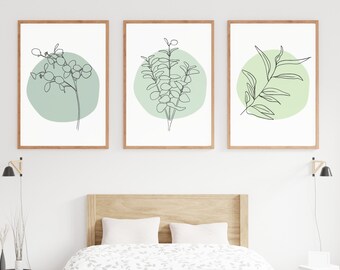 Botanical Sage Green Wall Line Art Print Set, Floral 3 Piece Wall Decor, Above Bed Boho Green Gallery Wall Art, Plant Lover Pastel Printable