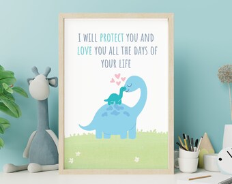 Pastel Blue Dinosaur Nursery Art Wall Decal, Boys Room Decor Print, Above Bed Art Poster, Sweet Bedroom Digital Printable, Son Birthday Gift