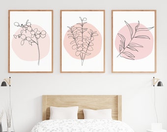 Botanical Beige Dusty Pink 3 Piece Wall Line Art, Minimalist Leaf Decor, Above Bed Wall Art, Plant Lover Leaf Gift, Bedroom Plant Print