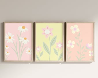 Danish Pastel Wall Art Bedroom Decor Flower Poster Daisy Pink Gallery Wall Set Plant Canvas Set of 3 Purple Printable Living Room Yellow