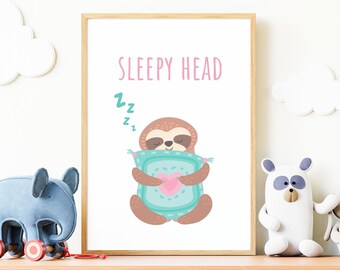 Sleepy Pastel Sloth Printable, Nursery Sleep Kid Wall Art, Baby Bedroom Above Bed Animal Print, Girly Preppy Room Decor, Gift for Teen Girls