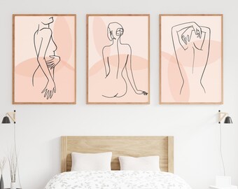 Sensual Feminine 3 Piece Line Art Gallery Set, Nude Above Bed Wall Art, Female Body Positive Art, Minimalist Bedroom Wall Decor Gift for Her