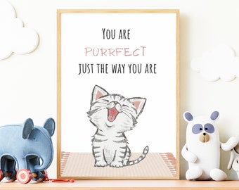 Happy Cute Cat Poster Wall Art, Pet Cat Lover Gift Bedroom Decal, Nursery Feline Print Decor, You're Perfect Printable, Gift for Baby Shower