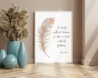 Feather Inspirational Neutral Self Care Printable Wall Art, Optimistic Above Bed Art, Positive Quote Home Decor, Neutral Wellbeing Wall Art