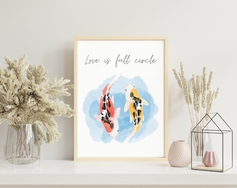 House Watercolour Japanese Koi Fish Art, Vibrant Bedroom Wall Decor, Modern Above Bed Art, Cute Couples Gift, Sweet First Anniversary Gift