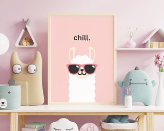 Pastel Pink Chill Llama Digital Above Bed Wall Art, Kids Cute Preppy Room Decor, Gifts for Tweens and Teens, Just Breathe, Birthday Gift Her