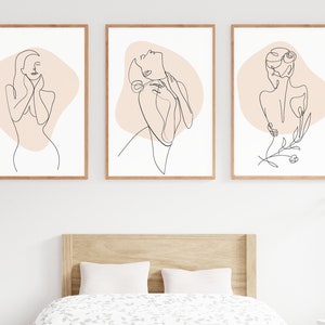 Feminine 3 Piece Wall Line Art Drawing Set, Beige Neutral Subtle Print, Female Boho Minimalist Decal, Abstract Bedroom Wall Decor