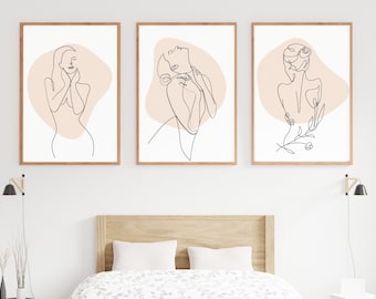 Feminine 3 Piece Wall Line Art Drawing Set, Beige Neutral Subtle Print, Female Boho Minimalist Decal, Abstract Bedroom Wall Decor