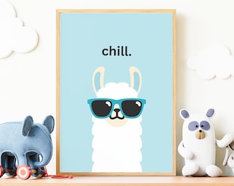 Pastel Blue Chill Llama Digital Above Bed Wall Art, Kids Cute Preppy Room Decor, Gifts for Tweens and Teens, Just Breathe, Birthday Gift Him