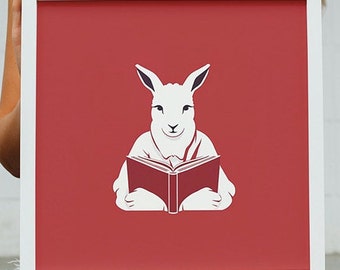 Reading Rabbit Digital Art Poster 1 (Set of 3+1 free), Animal Art, Digital Art Download, Printable Wall Art, Children Gifts