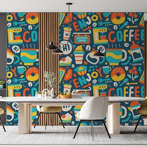 Schöne Kaffee-Themen-Tapete Atemberaubende Kaffee-Tapete Bold Café-Tapete Bunte Café-Tapete Funky Kaffee-Tapete Geschenk für Geschäft