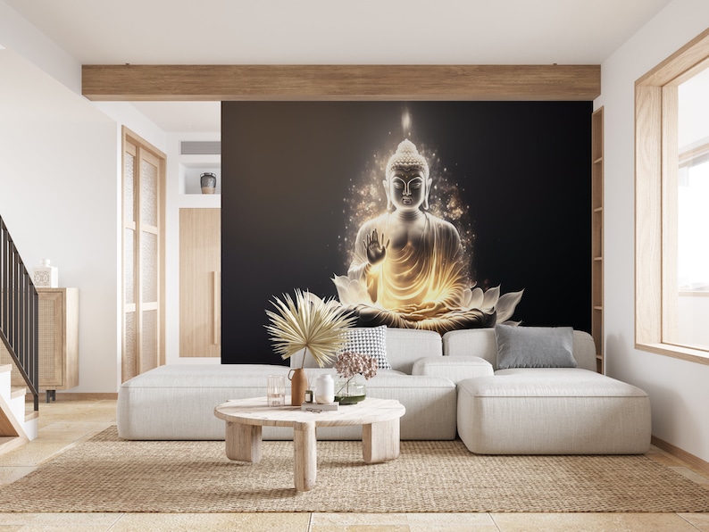 White Buddha Wall Mural for Living Room, Buddha Wallpaper, Flower Yoga Spa Wallpaper,meditation