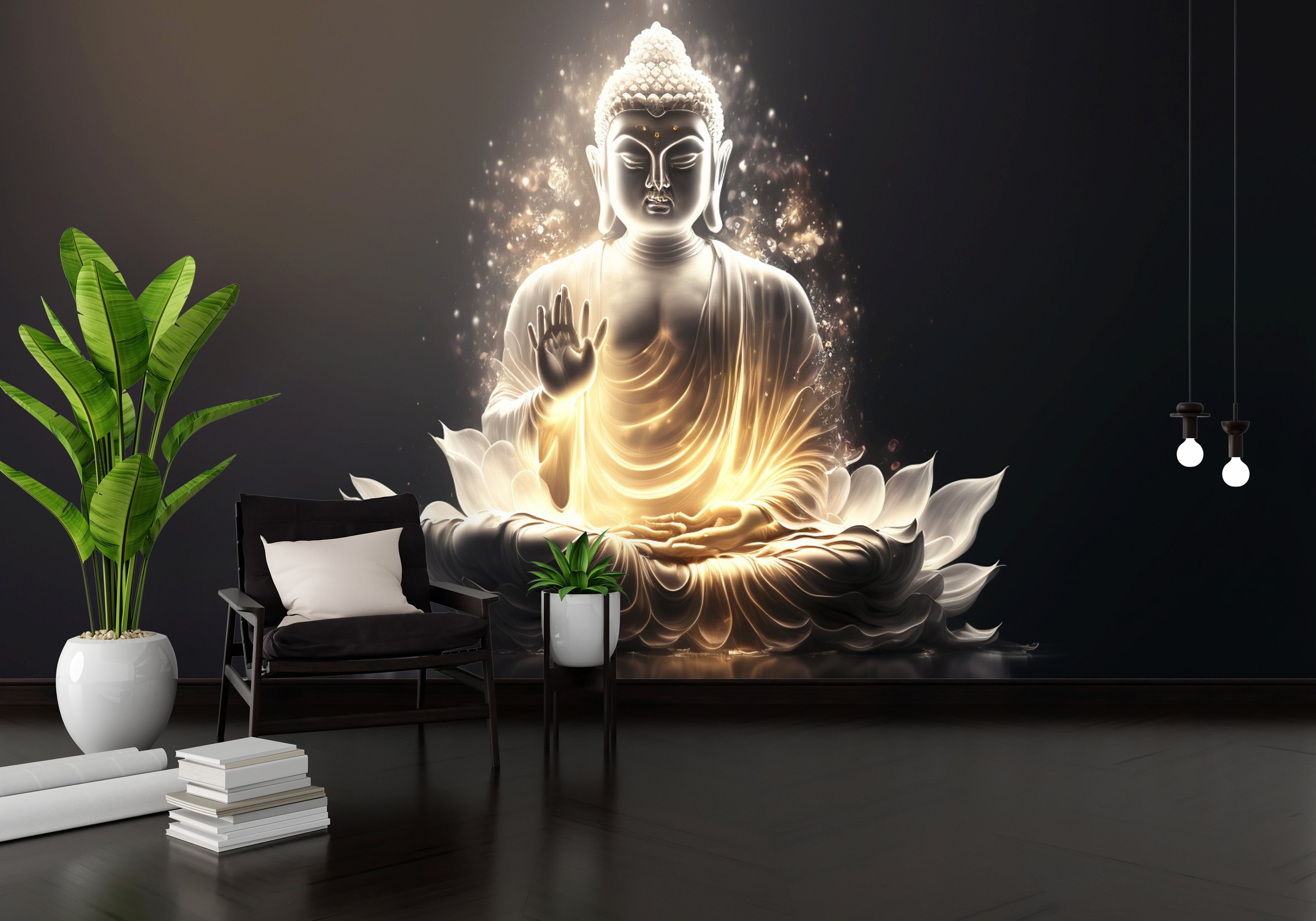 White Buddha Wall Mural for Living Room Buddha Wallpaper Etsy