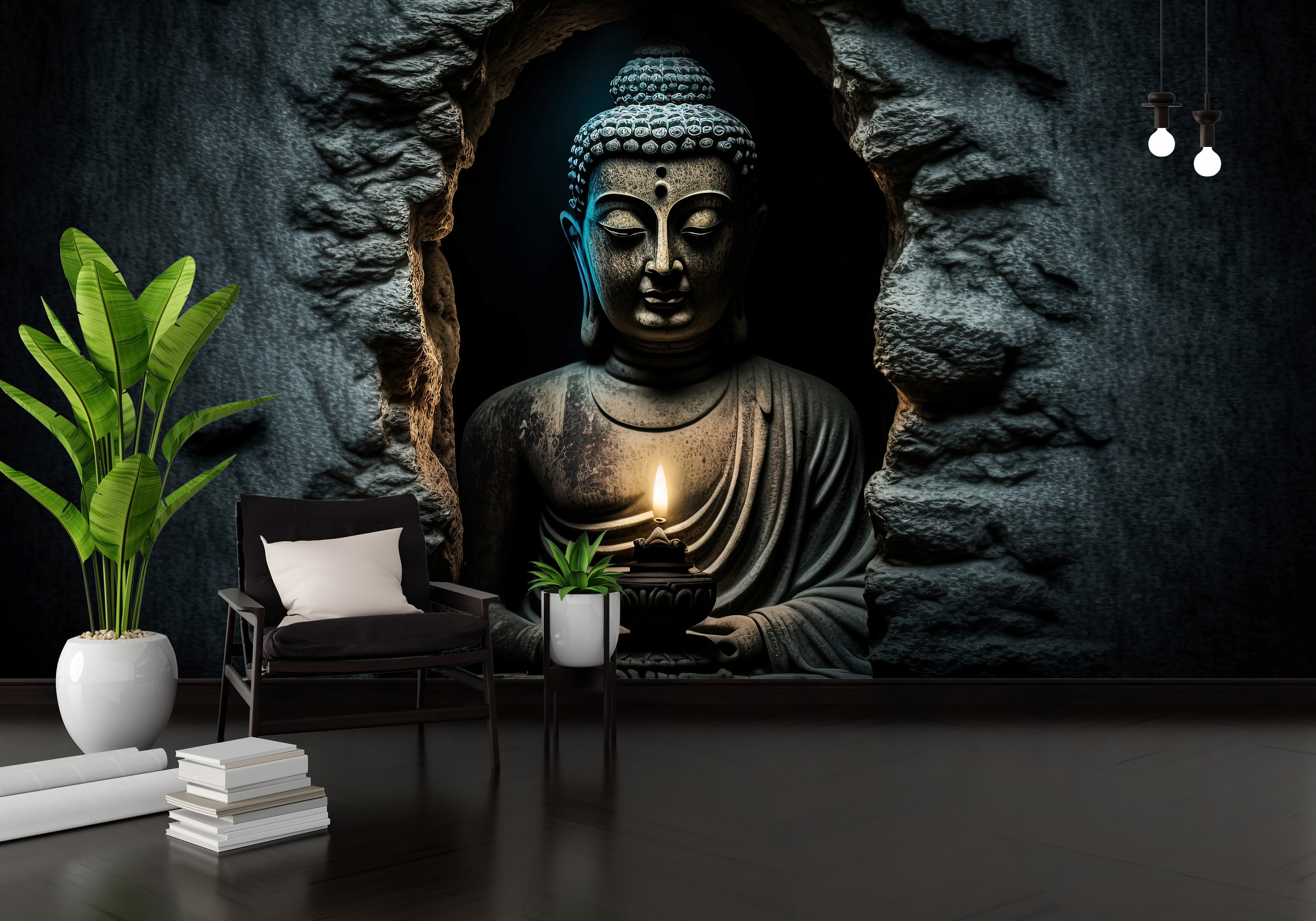 Desi Buddha Wallpaper Design Cave Background | Removable Peel and Stick Wallpaper | Buddha Wall Mural, Meditating Buddha Wall Sticker