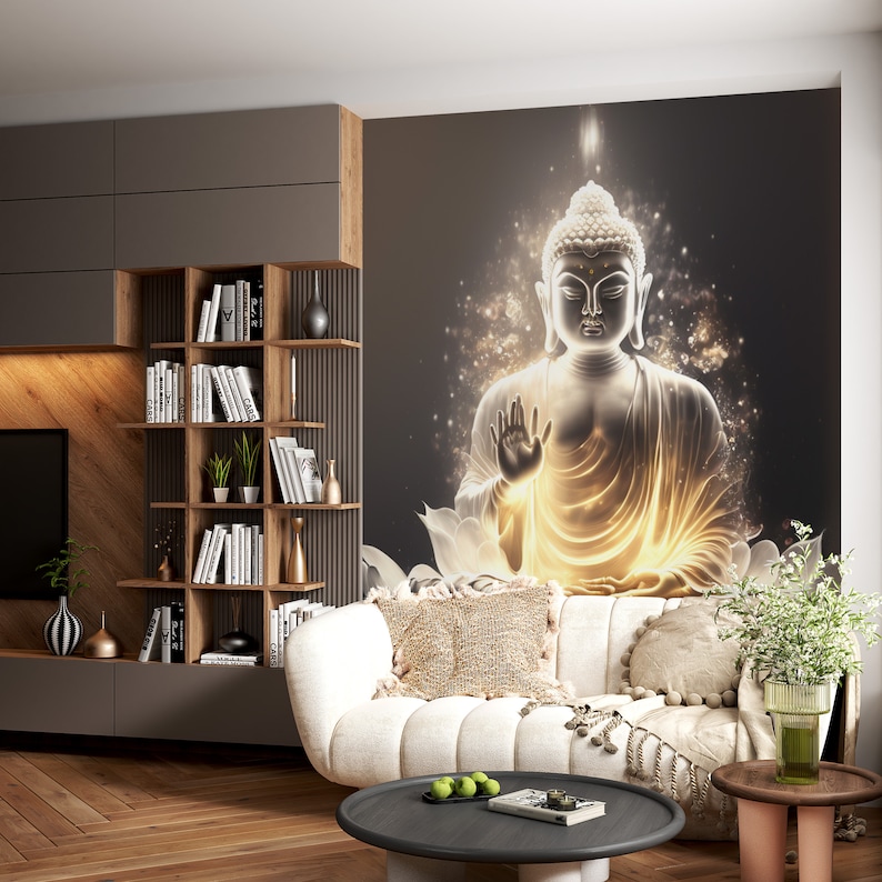 White Buddha Wall Mural for Living Room, Buddha Wallpaper, Flower Yoga