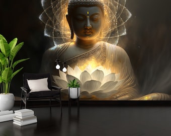 Buddha Wall Mural for Living Room, Buddha Wallpaper, Flower Yoga Spa Wallpaper, Meditation Wallpaper, Self-Adhesive Religious Wallpaper