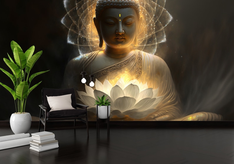 Buddha Wall Mural for Living Room Buddha Wallpaper Flower Etsy