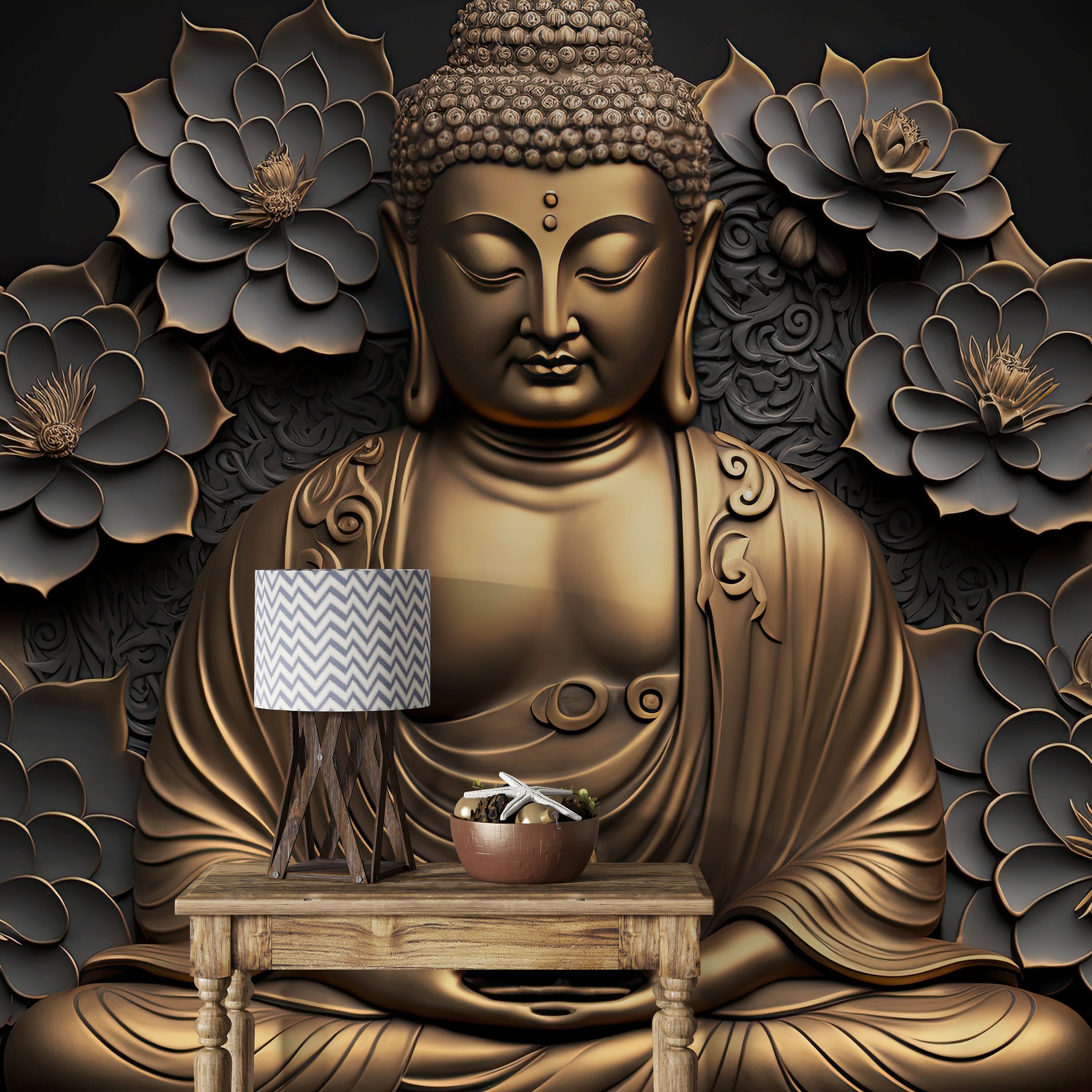 Gold Buddha Mural Wallpaper Coupon Code Applicable 3D Etsy