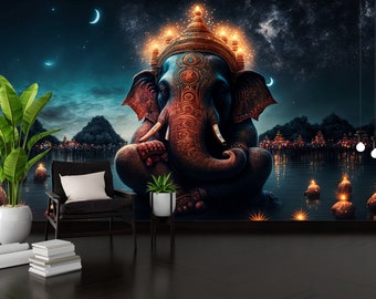 Ganesha Colorful vintage Wallpaper Gift for openers Home decor devotional Art Ganesha illustration Painting Ganesha Hindu god illustration