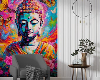 Colorful Buddha Meditation Wall Mural Wallpaper Peel and Stick, Buddha Religious Art Vinyl Wall Decal, Yoga Zen Spa Wall Decor