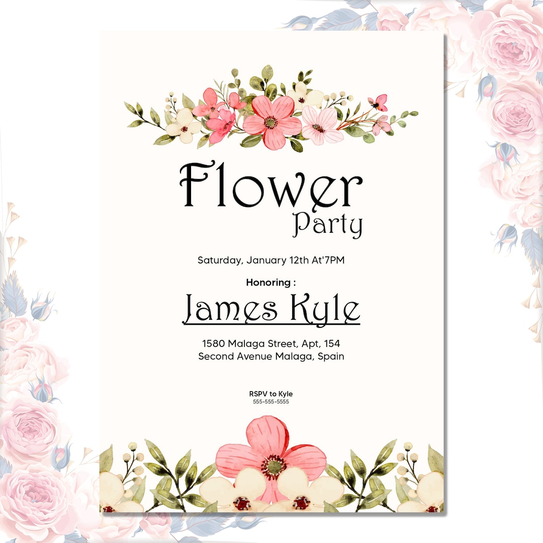 Printable Flower Party Invitation Card Flower Birthday Etsy