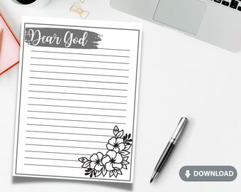 Dear God Journal Paper BLACK DESIGN | Floral PDF Printable | Instant Download | Religious Faith Prayer Christian | Letter 8.5x11 and A4