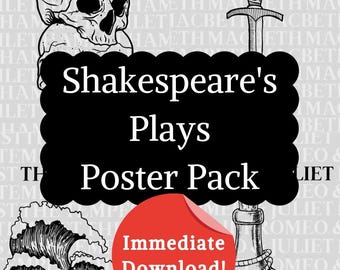 Peut inclure: Un pack d'affiches en noir et blanc avec des illustrations d'un crâne, d'une dague, d'une vague et d'une bouteille. Le pack d'affiches est pour les pièces de Shakespeare, notamment Hamlet, Macbeth, La Tempête et Roméo et Juliette. Le texte "Shakespeare's Plays Poster Pack" est en blanc sur fond noir. Le texte "Immediate Download!" est en blanc sur fond rouge.