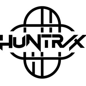 May include: Black and white logo with the word "HUNT RX" in a bold, sans-serif font. The text is enclosed within a stylized, symmetrical design featuring curved lines and vertical bars, creating a modern, geometric aesthetic.