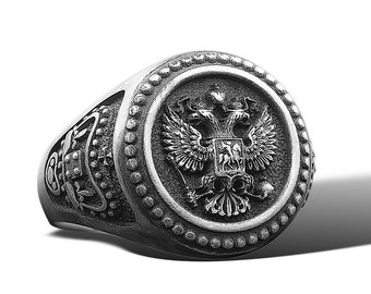 Double Headed Winged Eagle Ring Coat Of Arms Signet Ring Family Crest Eagle Ring Russian Coat of Arms Signet Ring Sterling Silver Mens Rings