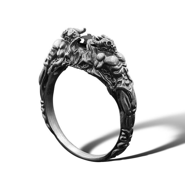 Satanic Wedding Band Mens Devil Ring Demon Head Ring Silver Lucifer Ring Satanic Ring For Man 925 Sterling Ring Unique Gothic Gift Boyfriend