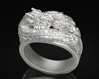 Dragon Tiger Signet Ring Mens Dragon Ring Silver Dragon Rings For Man Silver Ring Tiger Pinky Ring Unique Silver Ring For Man Gift For Him