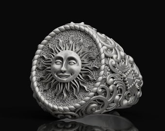 Mens Sun Ring, Silver Sun Rings For Man, 925k Sterling Sun Signet Ring, Mens Celestial Ring, 925k Unique Pinky Ring, Unique Sun Signet Ring