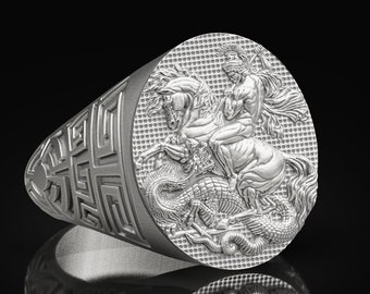 St George of Lydda Faith Ring For Men, Saint George Christian Ring For Family, Pinky Signet Ring in Oxidized Silver, Religious Ring For Dad