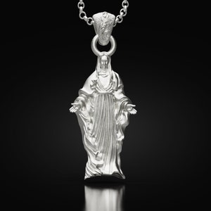 Silver Virgin Mary Men's Necklace, Miraculous Virgin Mary Pendant, Solid Silver Holy Mother Medallion, Religious Catholic Mens Gift Necklace