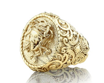 14k Gold Medusa Ring, Solid Gorgon Medusa Ring, 14k Medusa Signet Ring, Mens Gold Ring, 14k Rings For Man
