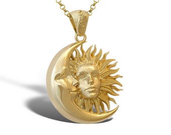 Solid Gold Sun And Moon Necklace Mens 14K Gold Sun And Moon Pendant 14K Jewelry Gift For Husband Celestial 14k Boyfriend Jewelry Gift