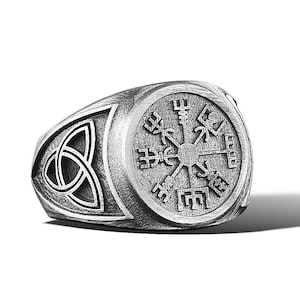 Viking Compass and Norse Runes Coin Ring, Viking Vegvisir and Runes Ring, Scandinavian Ring Nordic Viking Ring 925k Celtic Ring Trinity Knot