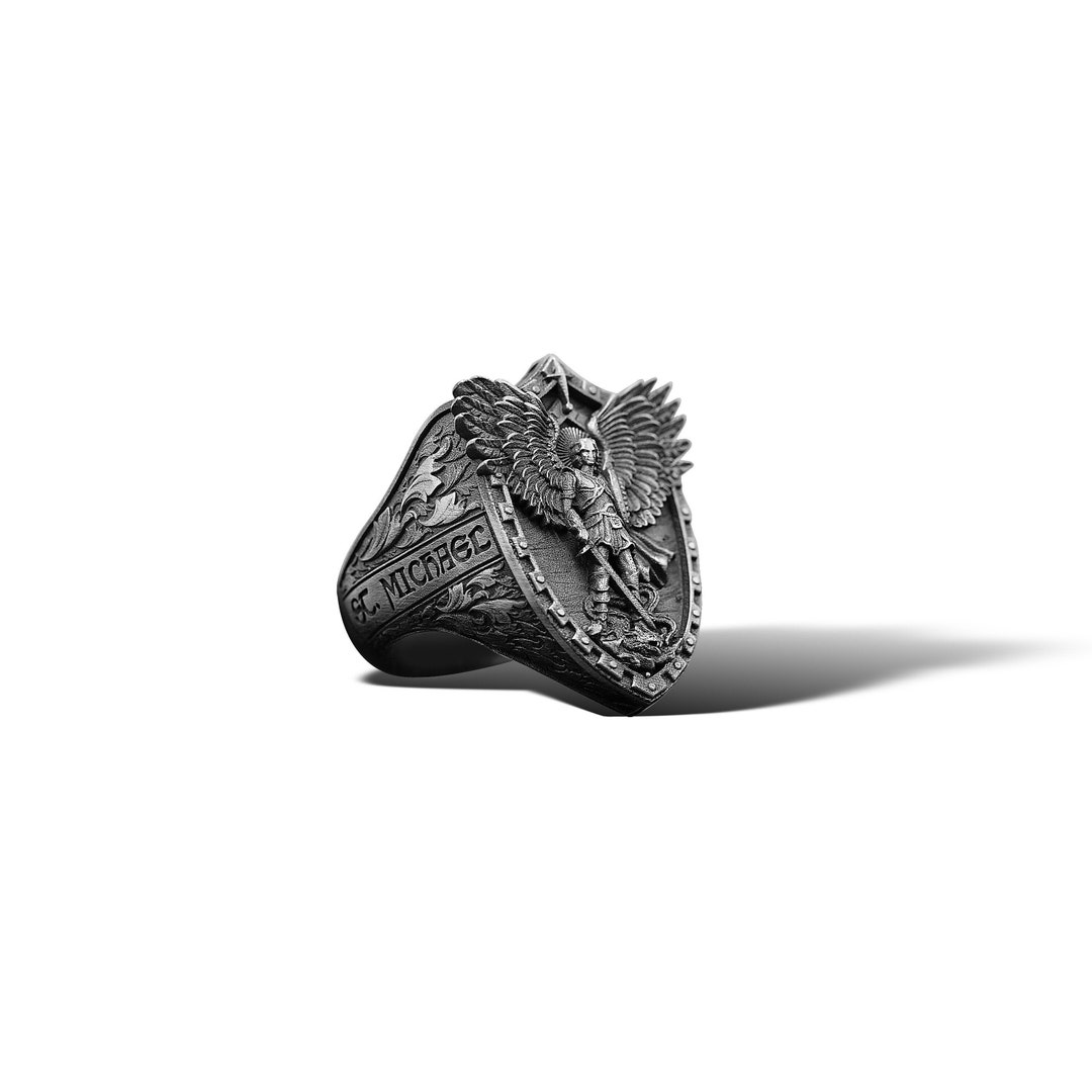 St Michael Dragon Ring for Men, Saint Archangel Michael