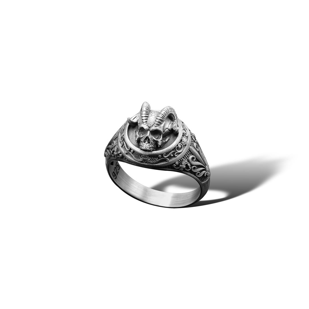 Gothic Biker Ring Ram Skull With Horns Man Ring Demon Skull Etsy